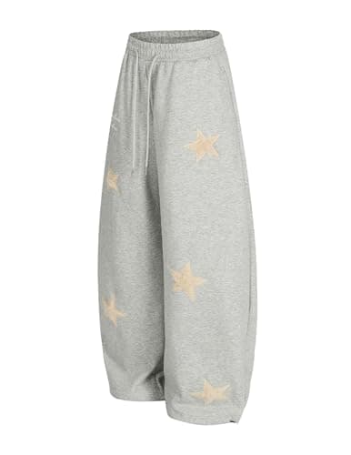 Aelfric Eden Star Applique Baggy Barrel Sweatpants Wide Leg Elastic Waisted Sweat Pants Y2K Casual Lantern Trouser Grey Small - Thumbnail 3