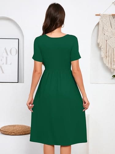 DEARCASE Casual Dresses for Women Dark Green XX-Large Short Sleeve A line Summer Beach Midi Sundress Wedding Guest Flowy Swing Cocktail Slimming Birthday Party Spring Travel Long Dress with Pockets - Thumbnail 2