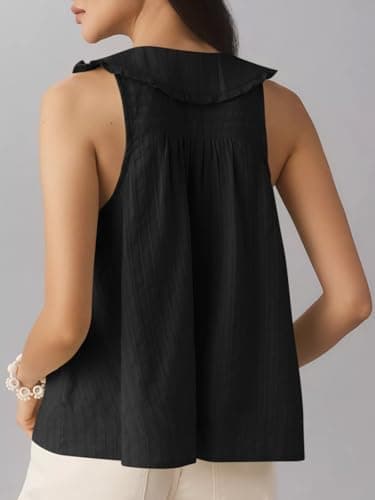 Womens Peter Pan Collar Sleeveless Shirt Summer Eyelet Cotton Button Down Tank Tops Casual Ruffle Flowy Blouse Vest Black - Thumbnail 4