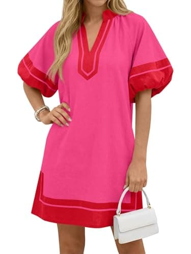 Wenrine Womens Summer Mini Dress Puff Sleeve Casual V Neck Color Block Side Slit Loose Shirt Dresses with Pockets Rose Red - Image 1