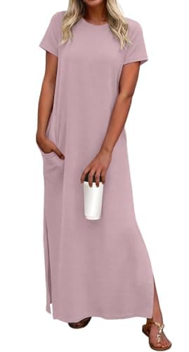 Lepunuo Summer Dresses for Women 2025 Round Neck Casual Split Maxi Dresses with Pockets