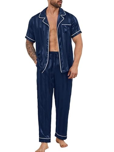DEARCASE Mens Satin Silky Pajama Set Navy Blue Stripe Medium Short Sleeve Soft Sleepwear Button Down Loungewear Long Pants with Pockets and Drawstring - Image 1