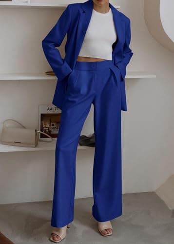 KIRUNDO Women Suits 2 Piece Set Business Casual Dressy Oversized Blazer Jacket and Wide Leg Dress Pantsuits Formal Outfits(Royal Blue, Medium) - Thumbnail 6