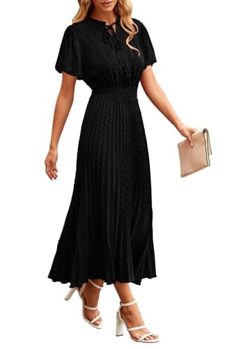 PRETTYGARDEN Womens Summer Midi Dresses Puff Short Sleeve V Neck Swiss Dot Pleated A Line Flowy Long Wedding Guest Dress (Black,XX-Large) - Image 1