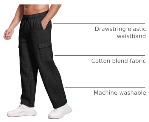 Deyeek Men's Black Fleece Cargo Sweatpants with Pockets Open Bottom Sweat Pants for Mens Winter Thick Loose Fit Lounge Pants - Thumbnail 4