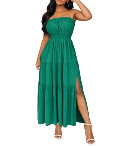 ABKY Off The Shoulder Dress Summer Strapless Tube Top Dresses Long Flowy A Line Side Slit Vacation Beach Holiday Party Outfit DeepGreen 2XL