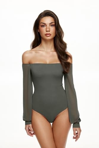 REORIA Womens Going Out Off The Shoulder Sheer Mesh Puff Long Sleeve Thong Bodysuit Tops Grayish Green Small - Thumbnail 3