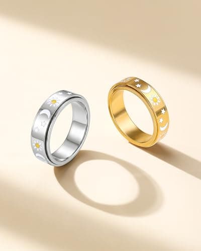 Fidget Toys Adults Ring for Women - Anxiety Stress Relief Items Quiet Spinner Gift for Birthday Sun Moon Star Rotating Jewelry Stainless Steel Silver Size 7 - Thumbnail 4