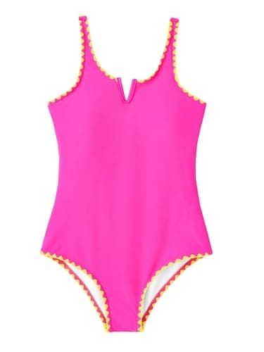 AMAWMW Girls Swimsuit One Piece Swimsuits Contrast Color V-Neck Bathing Suit Adjustable Straps Kids Swimwear Rosered 7-8Y