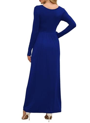 DEARCASE Maxi Dress for Women Dark Blue XX-Large Crewneck Long Sleeves Wedding Guest A-line Plain Casual Empire Waist Flowy Party Vintage Spring Fall Winter Floor Dresses with Pocket - Thumbnail 3