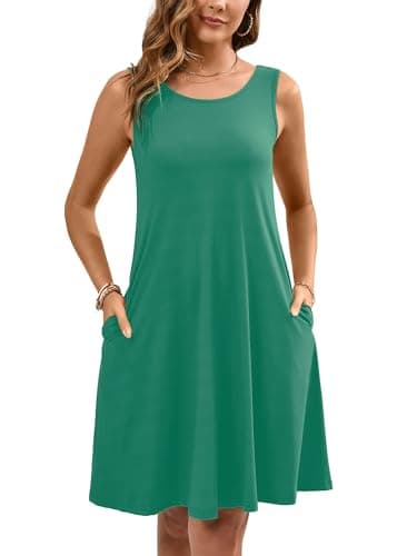 Heymoments Women Summer Dress Malachite Green Medium Sleeveless Crewneck Casual Cute Loose Fitting Tank Sundress Comfy Swing Midi Flowy A Line Trendy Beach Vacation Teacher Dresses with Pockets - Image 1