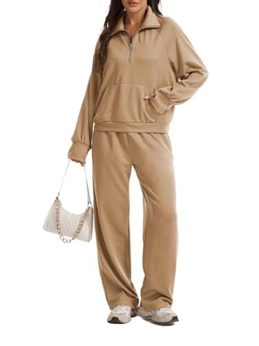 Anyshe Women's 2 Piece Sweatsuit Set Lounge Set Half Zip Sweatshirt with Kangaroo Pocket Thumb Holes Wide Leg Drawstring Pants Casual Tracksuit for Travel Daily Wear, Khaki, Medium - Image 1