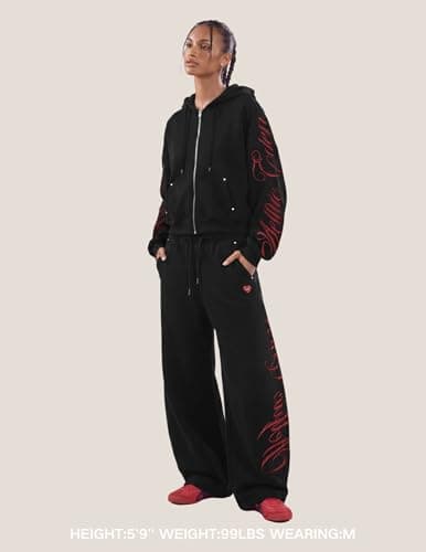 Aelfric Eden Boxy Embroidery Sweat Set for Women Men Oversized 2 Piece Lounge Matching Set Zip Up Hoodie Casual Streetwear Black Medium - Thumbnail 6