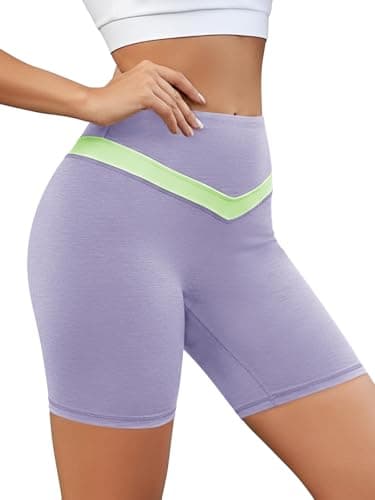 Aoysky Womens High Waisted 6" Buttery Soft Biker Shorts Color Block Workout Yoga Athletic Butt Lifting Lounge Shorts Purple - Image 1