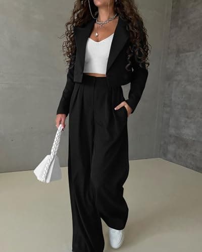 KIRUNDO Blazer Sets Women 2 Piece Outfits Casual Cropped Blazer Jackets High Waist Wide Leg Pant Suits Dressy Office Clothes(Black, X-Large) - Thumbnail 5