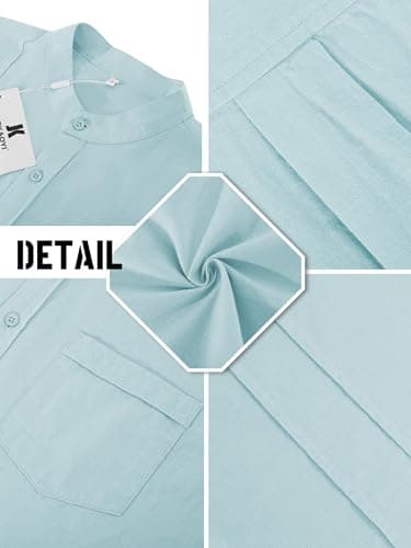 Mens Casual Button Shirts Cotton Linen Summer Beach Short Sleeve Tops for Lounge Vacation Mint Blue - Thumbnail 4