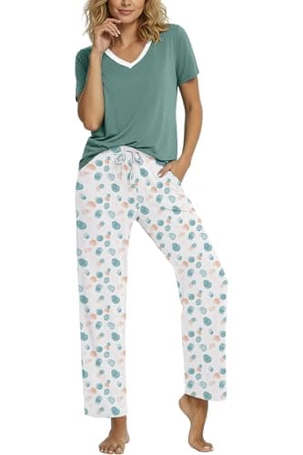 PrinStory Pajamas for Women Set Soft Pjs 2 Piece Pajama Sets Casual Pj Short Sleeve Lounge set with Pockets White Color Block-L - Thumbnail 3