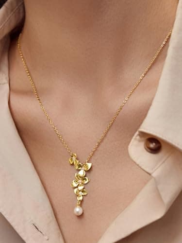 Cicy Bell Floral Pendant Necklace for Women Trendy 18k Gold Plated Shell Pearl Cubic Zirconia Dainty Long Y Necklace Jewelry Gifts - Thumbnail 3