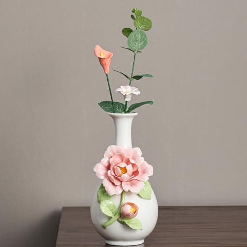 Handmade Pinched Flowers Ceramic Vase with One Ceramic Rose Flower, Home Decor Ceramic Vase for Dining Table, Living Room, Kitchen, Bedroom, Shelf, Office, Coffee Table, Restaurant & Fireplace Mantel - Thumbnail 4