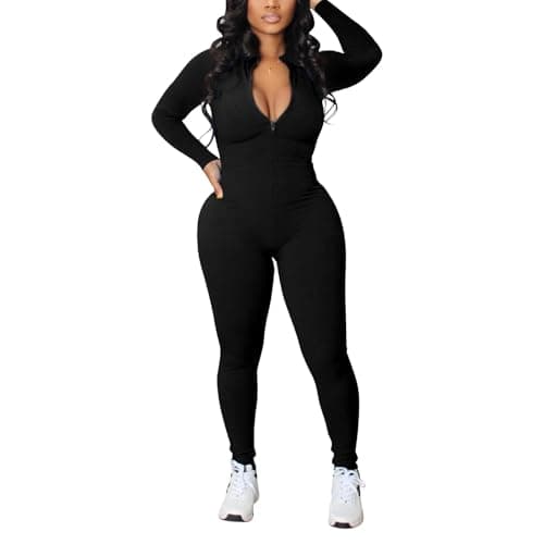 Wcuvbv One Piece Jumpsuits for Women Sexy Zip Up Bodycon Long Sleeve Ribbed Long Pants Romper Outfits Black XXL - Image 1