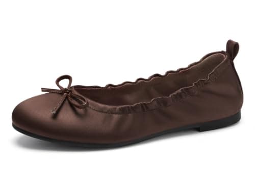 Coutgo Women's Ballet Flats, Bow Round Toe Slip On Dress Shoes Comfortable Flats for Work Casual, Chocolate Satin, Size 11 - Image 1