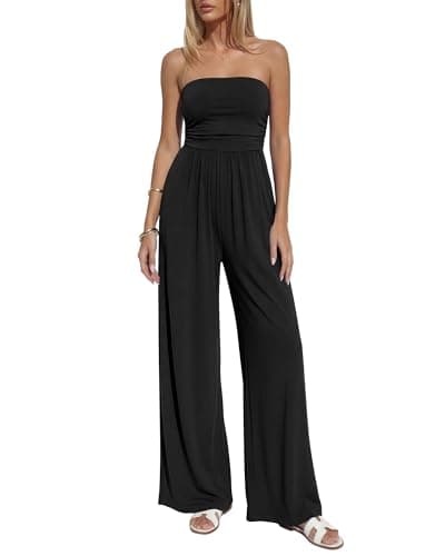 BTFBM Jumpsuits For Women Summer 2026 Beach Vacation Strapless Tube Top Jumpsuit Ruched Casual Wide Leg Pant Rompers(Black, Large) - Image 1