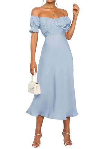 KIRUNDO Women's 2026 Spring Summer Satin Wedding Guest Midi Dress Off The Shoulder Wrap Party Cocktail Formal Prom Dresses(Light Blue, Medium) - Image 1