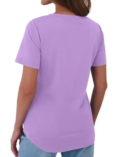 GKBK Women Cotton Shirts V Neck Loose Fit T Shirts Short Sleeve Summer Curved Hem Plain Tee Top Purple M - Thumbnail 6