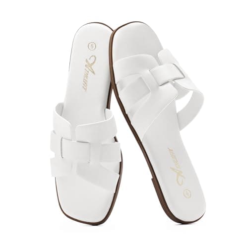 Athlefit Flat Sandals for Women Dressy Summer Square Open Toe White Sandals Comfortable Slip On Leather Slides Size 6 - Thumbnail 6