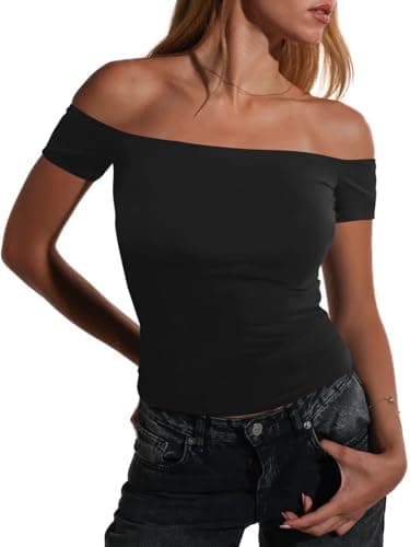 Imily Bela Womens Off The Shoulder Tops Short Sleeve Top Quick Dry T Shirts Trendy Y2k Going Out Crop Tops Slim Fit 2025 Black - Thumbnail 2
