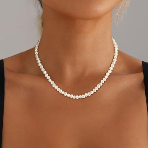 Fezodo Pearl Necklaces for Women, Dainty White Pearl Choker Necklace Tiny Small Pearls Necklace Bridesmaid Necklaces for Wedding Prom Pearls Jewelry Gifts - Thumbnail 2