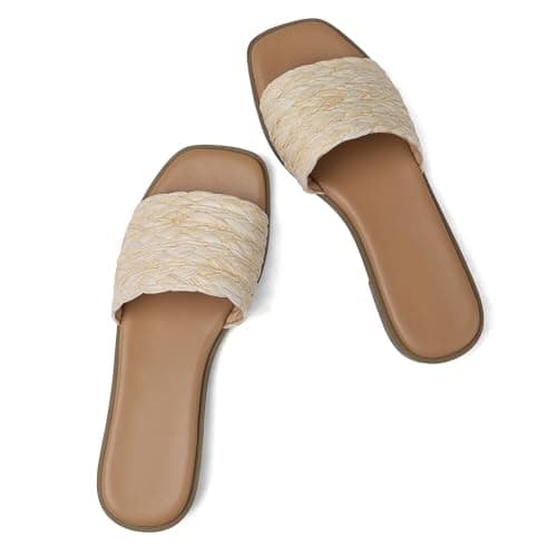 femflame Flat Sandals for Women Slide Sandals Women's Espadrilles Sandals Summer Comfort Sandals Beige Woven Slip on Shoes with Open Square Toe for Beach Walk Shopping Work - Thumbnail 6