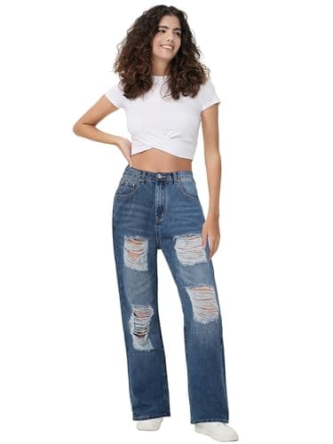 Genleck Women Loose Ripped Boyfriends Jeans High Waist Baggy Denim Pants Distressed Wide Leg Jeans Y2K（Light Blue，XL） - Thumbnail 2