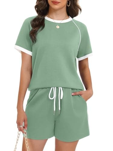Casly Lamiit Womens Summer Shorts Sets 2 Piece Crewneck Striped Athletic Set Beach Airport Travel Outfit Loungewear Pea Green M - Thumbnail 2