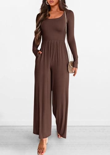 KIRUNDO Long Sleeve Jumpsuit for Women 2026 Spring Outfits Summer One Piece Square Neck Wide Leg Pants Romper With Pockets(Coffee, Large) - Thumbnail 4