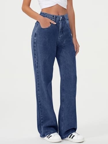 Women Loose Boyfriends Jeans High Waist Baggy Denim Pants Wide Leg Straight Trousers Vintage Streetwear A-Blue - Thumbnail 4