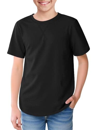 Boys Short Sleeve Tshirts Soft Summer Tops Trendy Cross Stitch Crewneck Tees with Curved Hem Top for Ages 5-14 Black - Image 1