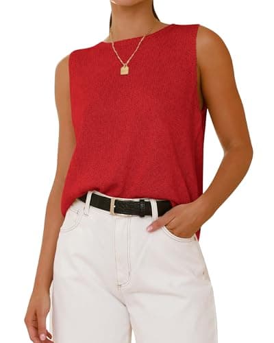 BTFBM Sleeveless Sweater Tops for Women 2026 Crew Neck Lightweight Casual Loose Tank Summer Outfits Fashion Clothing(Red, XX-Large) - Image 1