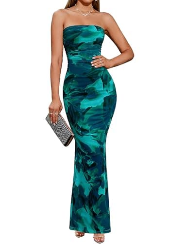 BTFBM Women Summer Strapless Maxi Dress 2026 Bodycon Floral Long Wedding Guest Dress Formal Tube Mesh Cocktail Dresses(Floral Lake Blue, Medium)