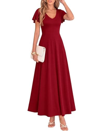 BTFBM Formal Dresses for Women Summer Outfits V Neck Ruffle Sleeve A Line Maxi Elegant Cocktail Wedding Guest Dress 2026(Burgundy, Small) - Image 1