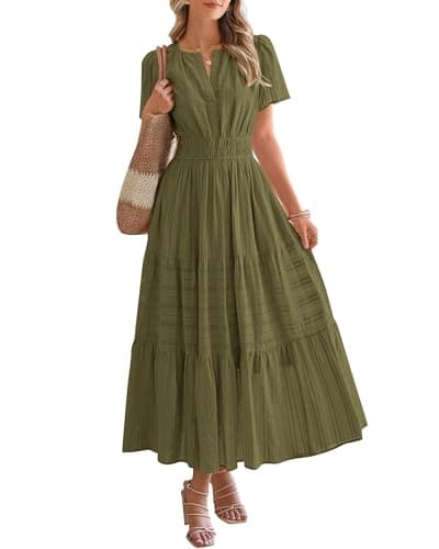 BTFBM Womens Summer 2026 Casual Midi Maxi Dresses Lightweight Short Sleeve V Neck Elastic Waist Boho Beach Dress Pockets(Army Green, Medium) - Image 1