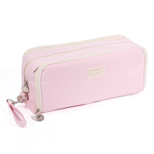 Four Candies Pink Pencil Case 3 Compartment, Large Pencil Pouch with Removable Handle & Zipper, Cute Stationery Organizer Big Pencil Case for Markers, Pencil Bag for Office College, Pink