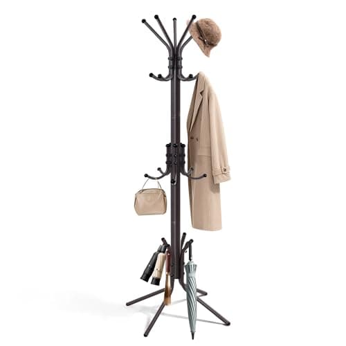 Outspurge Metal Coat Rack, Freestanding Coat Tree & Hall Tree with 15 Hooks, Sturdy Coat Rack Stand and Hat Rack, Coat Hanger for Entryway, Bedroom, Office for Jackets, Hats, Bags,Brown - Image 1