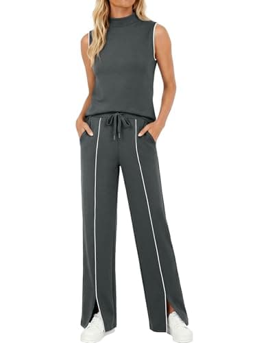 Casly Lamiit Two Piece Sets for Women Casual Summer Outfits Mock Neck Tank Top Athleisure Matching Sets Jogger Active Wear Sweatsuit Dark Grey XS - Image 1