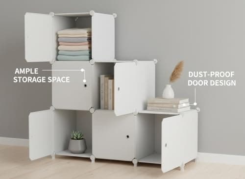 ATTDETJL Cube Storage Organizer, 6-Cube Shelves Unit with Doors, DIY Stackable Plastic Clothes Organizer for Bedroom and Under Stairs Storage Unit, Each Compartment 30 x 30 x 30 cm White - Thumbnail 4