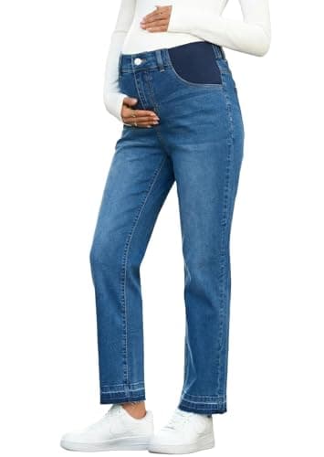 BLENCOT Women Maternity Pants Denim High Waisted Trendy Straight Leg Comfy Work Waistband Skinny Elastic Stretch Plus Size Jeans Outfits Pregnant Clothes XX-Large Ashleigh Blue - Image 1