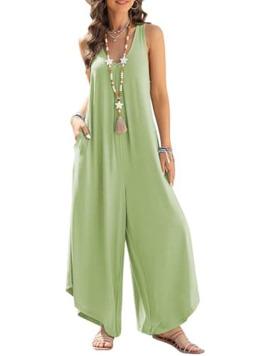 Happy Sailed Womens Maternity Overalls Casual Sleeveless V Neck Ruched Summer Jumpsuit Plus Size Loose Fitting Stretchy Wide Leg Romper with Pockets Grass Green Large - Image 1