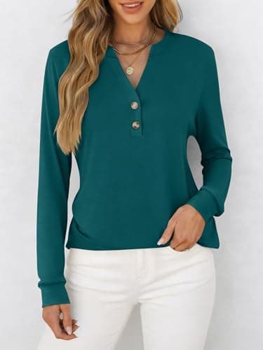 ANRABESS Women's Long Sleeve Shirts 2026 Spring Fashion Dressy Casual Tops Trendy Henley Blouses Cute Work Outfits Clothes Teal Large - Thumbnail 3