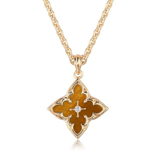 Fettero Gold Clover Necklace for Women Dainty 14K Gold Plated CZ Pendant Necklace Charm Colorful Clover Pendant Lucky Necklaces for Women Jewelry - Brownish Yellow Stone - Image 1