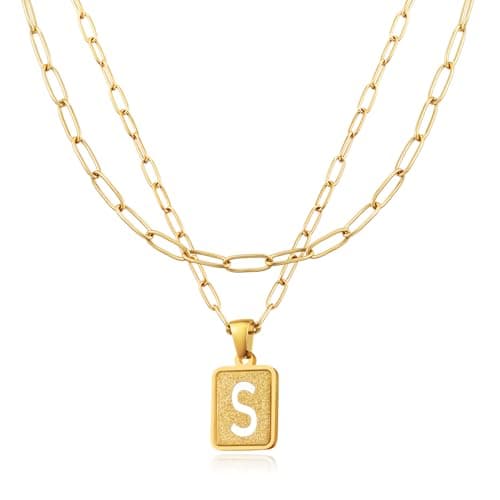 LETFLY Initial Gold Necklaces for Women, 18K Gold Plated Letter Layering Necklace Square Shaped Pendant with Adjustable Paperclip Chain for Womens Jewelry Gifts Alphabets S - Image 1